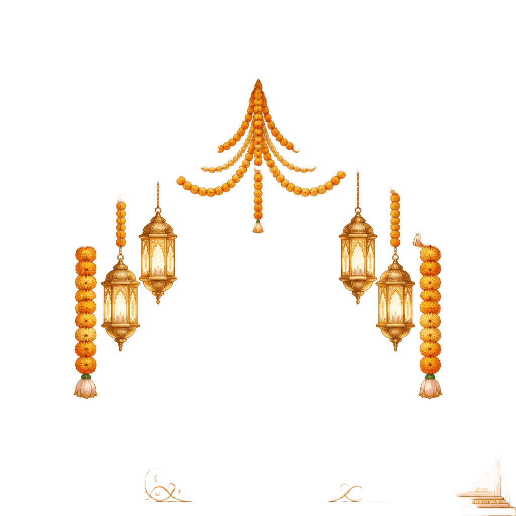 Decorative lanterns and marigold garland arch