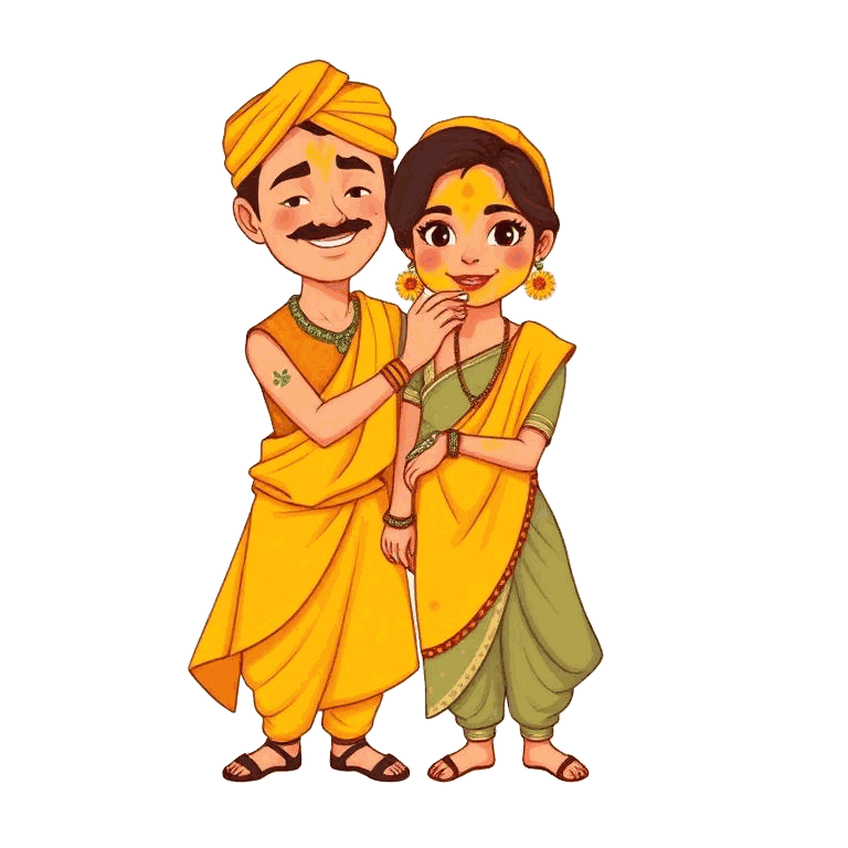 Caricature of Akanksha and Mrinal in turmeric-yellow haldi outfits