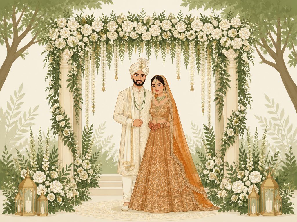 Illustration of Akanksha and Mrinal under a white and green floral mandap arch
