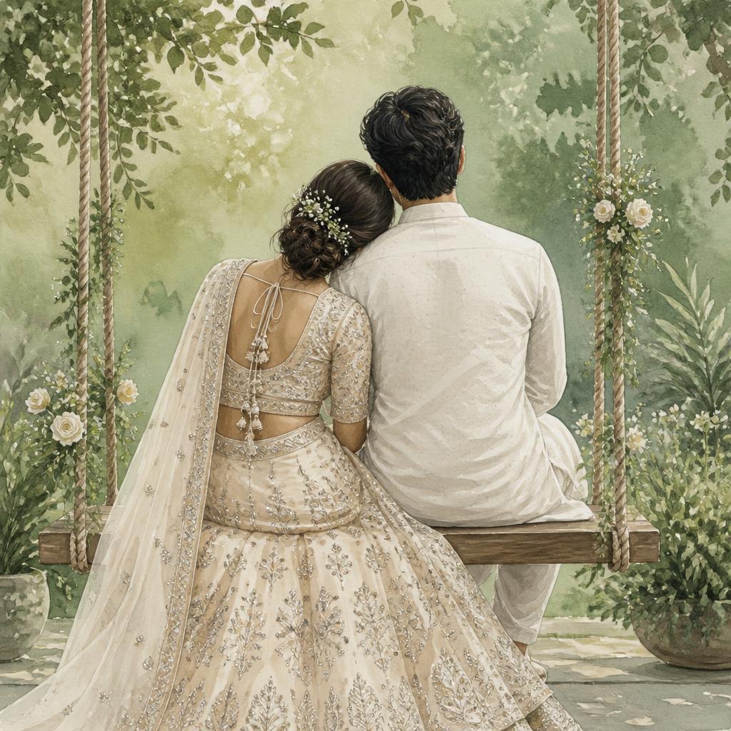Illustration of Akanksha and Mrinal sitting on a wooden garden swing